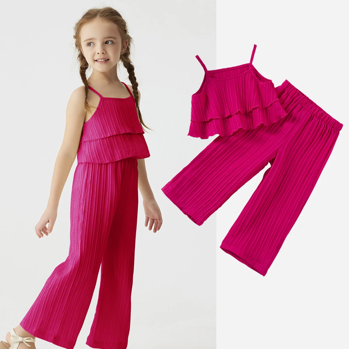 Summer Girl Set, Solid Color Wave Striped Shoulder Top+loose Pants Two-piece Set Sleeveless Everyday or Birthday Party Dresses