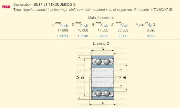 NSK Ball bearing BD17-31T1XDDUM8CG 17X40X17.5mm interchange BD17-31DUM8/5203 RS/3203 RS