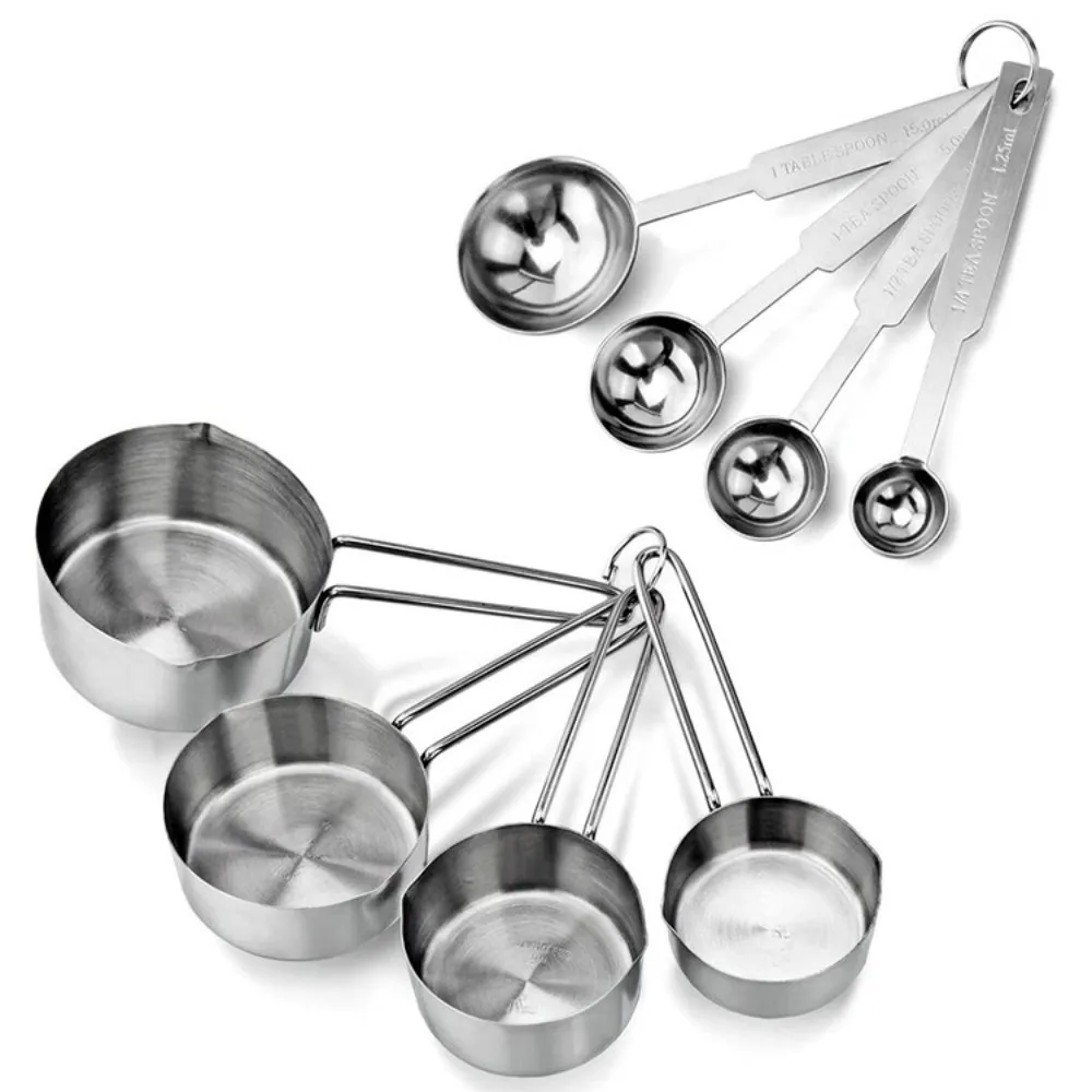 Stainless Steel Measuring Cups Polished Surface Ring‑hook Design Measuring Spoons Solid Metal Engraved Mark Kitchen Measure Tool