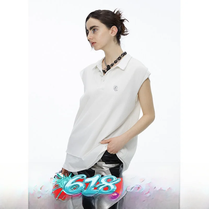

Quorra S Chord Pure Cotton Mesh Design White Sleeveless T-Shirt Women's Loose Fit Summer Fashion Top