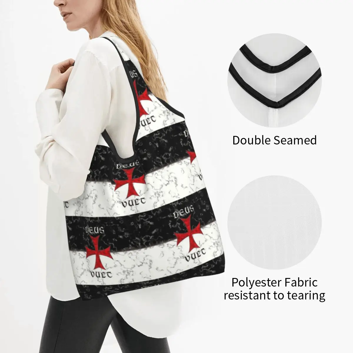 Kawaii Printed Deus Vult Crusader Cross In Marble Tote Shopping Bags Portable Shoulder Shopper Knights Handbag