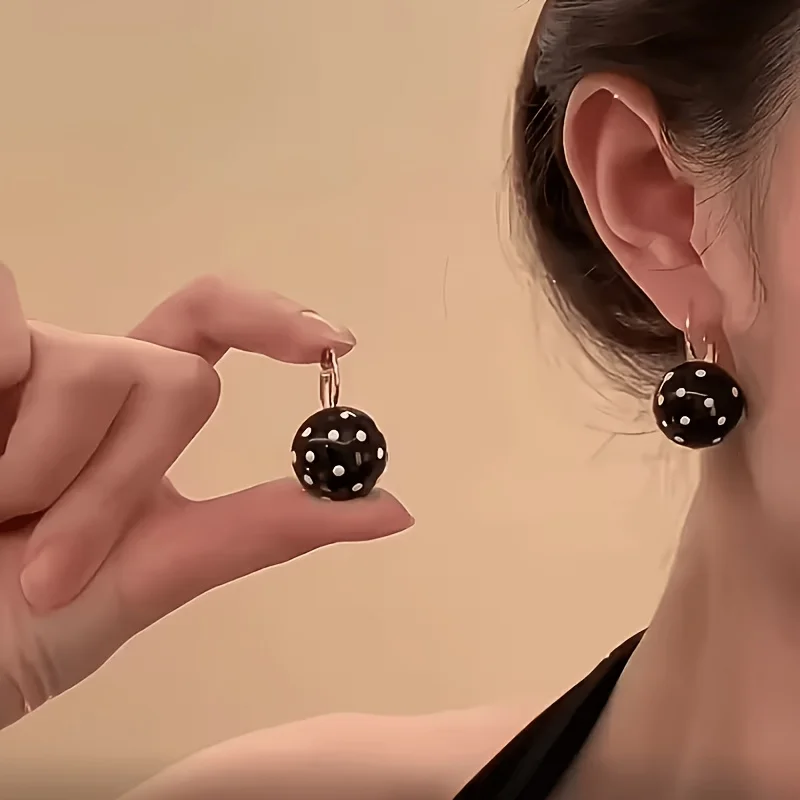 Fashionable and Elegant Black and White Polka Dot Spherical Earrings for Women's Daily Wear Casual Party Jewelry Accessories