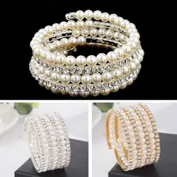 Fahsion Crystal Imitation Pearl Bracelets For Women Multi Layer Wide Bracelets Crystal Rhinestones Bracelet Wedding Jewelry Gift