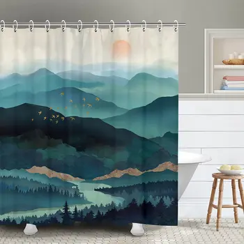 Mountain Shower Curtain, Teal Bathroom Shower Curtain, Cool Nature Watercolor Misty Forest Sun Sunset Landscape Shower Curtains