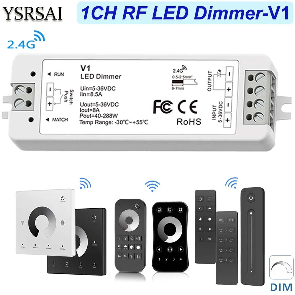 

5-36VDC Single Color 1CH RF2.4G LED Dimmer V1 with RF Dimming Remote Controller Multi-zone Touch Panel Remote Smooth Dimming