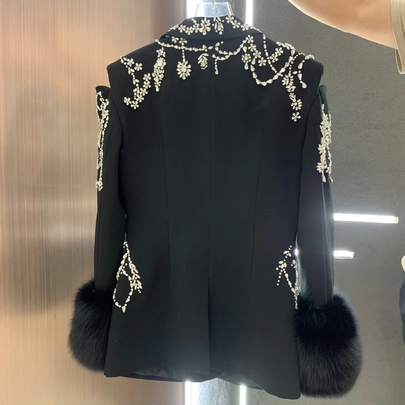 2023Real fur,Luxury Women Crystal Beading Blazer Tops Sexy Backless Hollow Out Suit Coat Runway Designer Long Shiny Baroque Diam