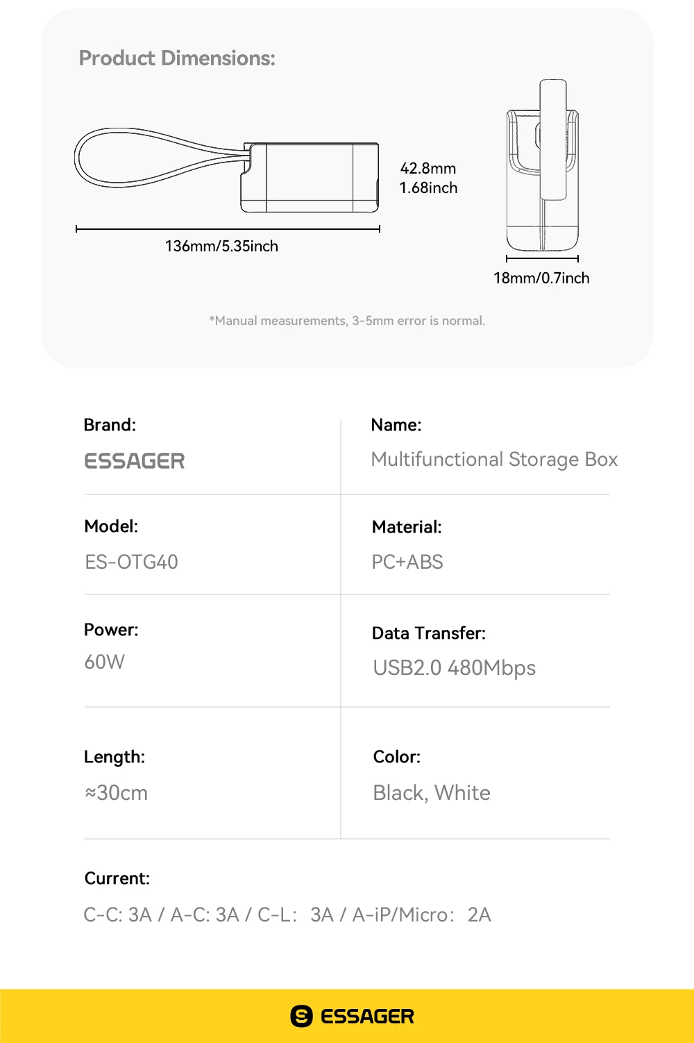 Essager PD 60W USB Type C Cable Set Fast Charging Data Sync for iPhone 17/16/15 with Storage Box And Holder Travel-Friendly