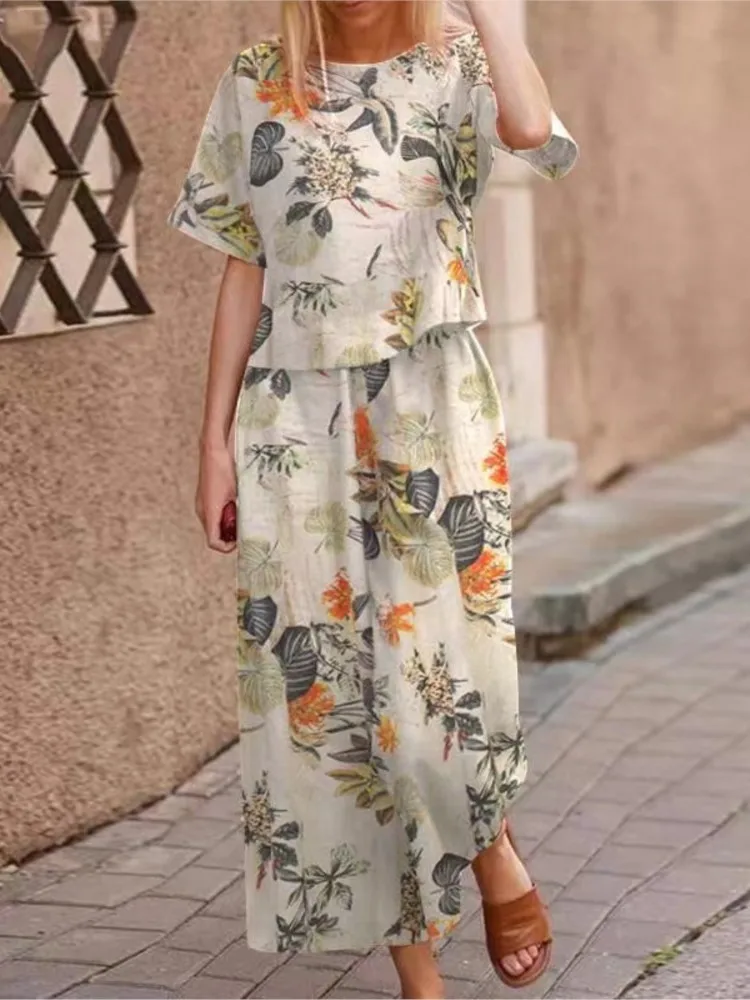 Autumn New Women\'s Fashion Printed Cotton Linen Plant Flower Three Sleeve Short Sleeved Casual Nine Piece Pants Two-piece Set