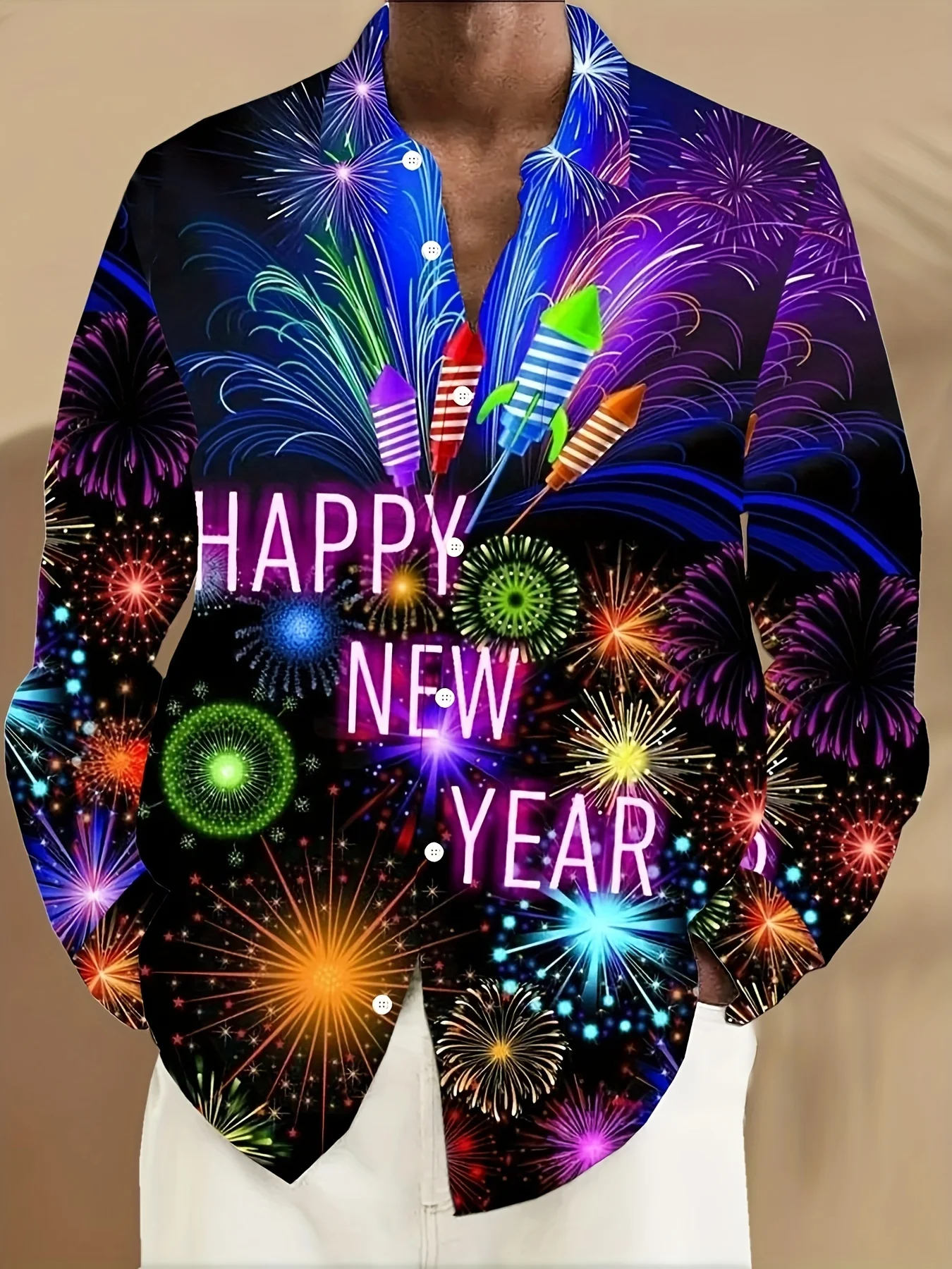 Men's Christmas Fireworks 3D Print Long Sleeve Shirt with Button Pockets - Vintage Style, Machine Washable