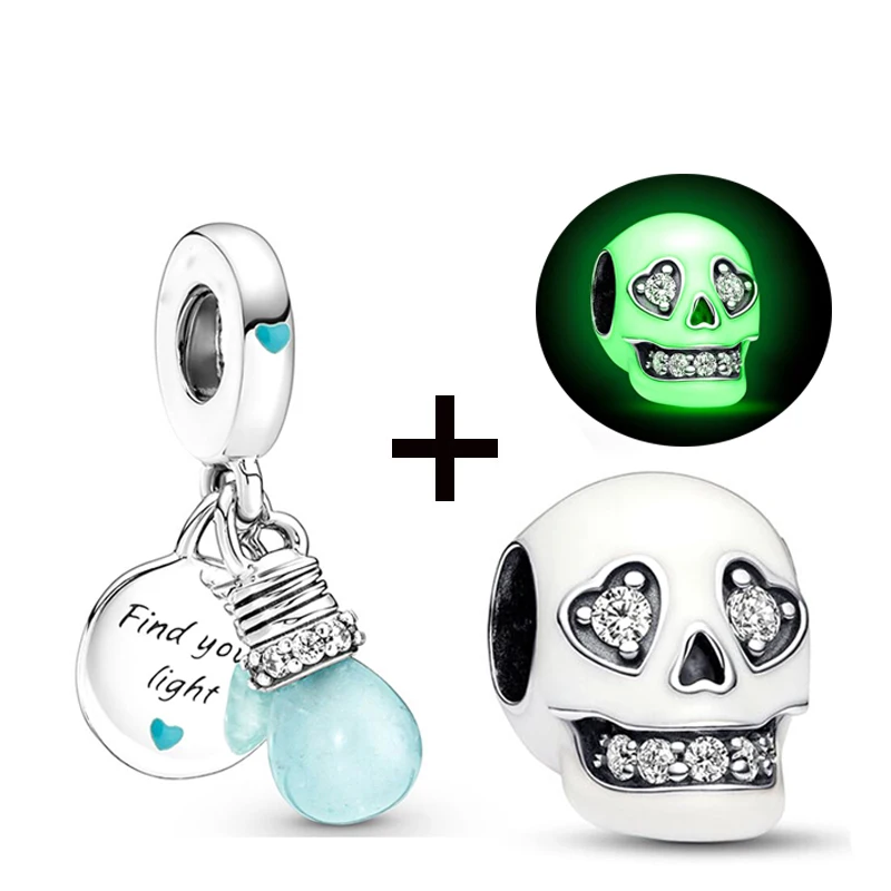 2Pcs/Lot Halloween Night Glow Skull Charm Pendant Beads Fit DIY Original Brand Bracelets Necklaces For Women Children Jewelry