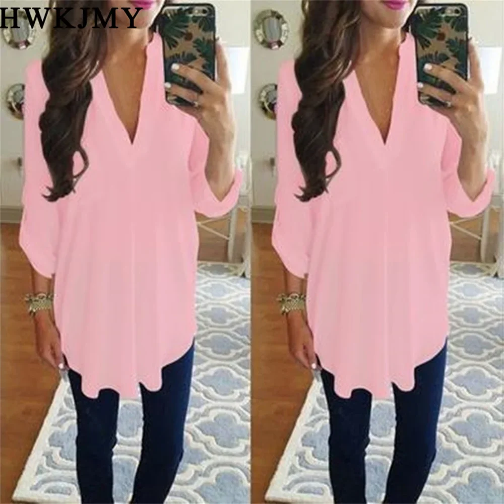 Women\'s Fashion Casual Chiffon Tops V-neck Solid Color Ladies Sexy Long Sleeve Shirt Loose Tops T Shirt Blouse