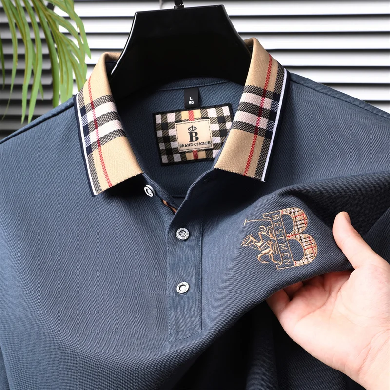 Modisches, hochwertiges, besticktes Herren-Polohemd aus Baumwolle, Herbst-Revers-T-Shirt in Kontrastfarben, lässige, vielseitige Herrenbekleidung – Detail 4