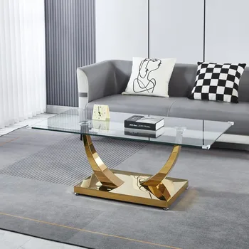 Image 47" Clear Glass Coffee Table, Modern Gold Mirror Coffee Table with U-Shape Stainless Steel Legs, Tea Table