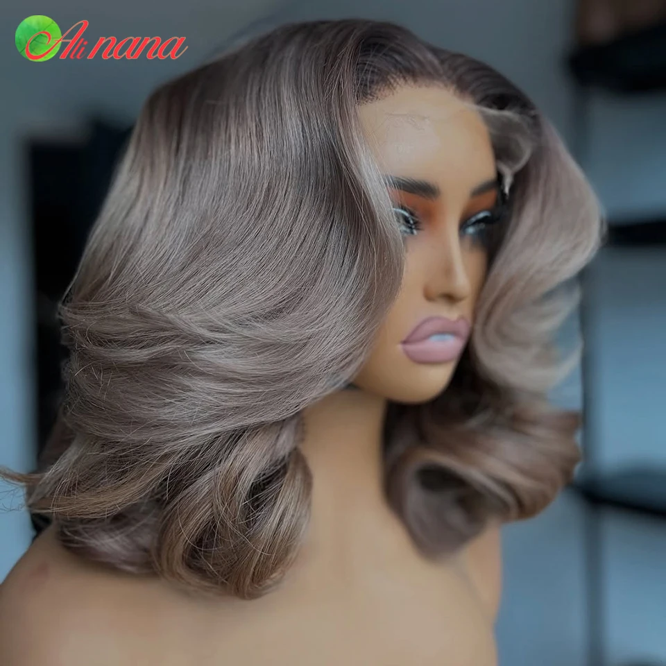 Té de la leche color gris 200% densidad 13x4 peluca Frontal de encaje transparente peluca ondulada Bob corto peluca de cabello humano para mujeres onda del cuerpo