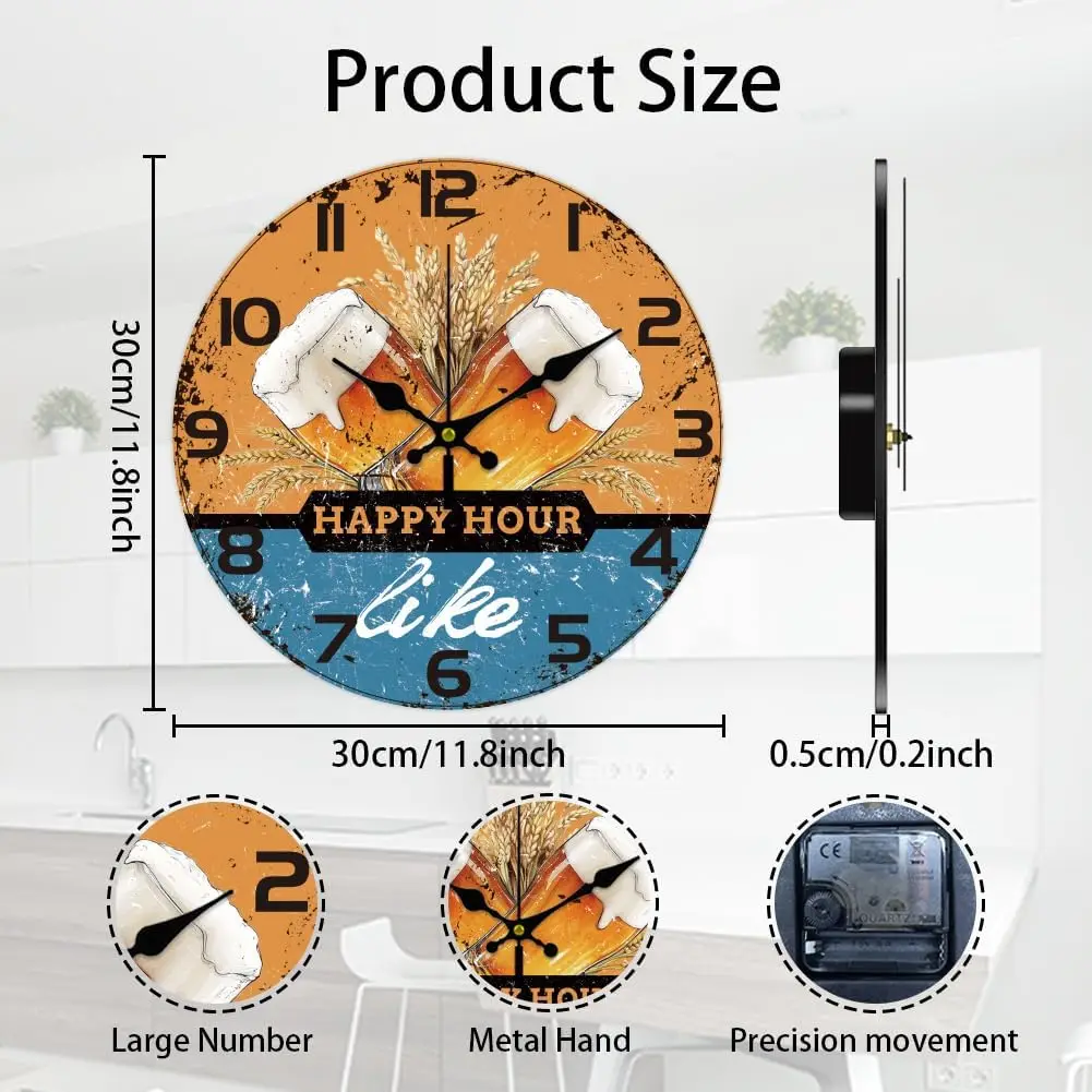 Beer Wall Clock Retro Style Battery Operated Silent Non Ticking Rice Ears Round Decorative Clock for Office Home Kitchen Decor