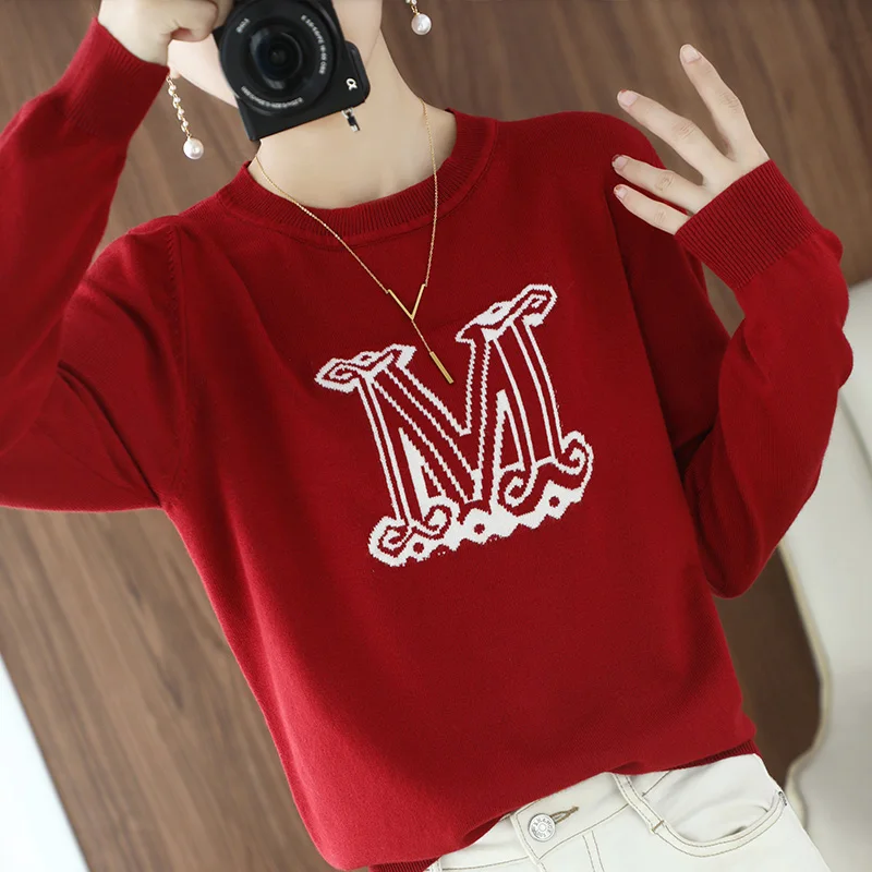 women Autumn and winter O-Neck Cashmere sweaters knitted Pullovers  Fashionable embroidered letter cashmere sweater Female