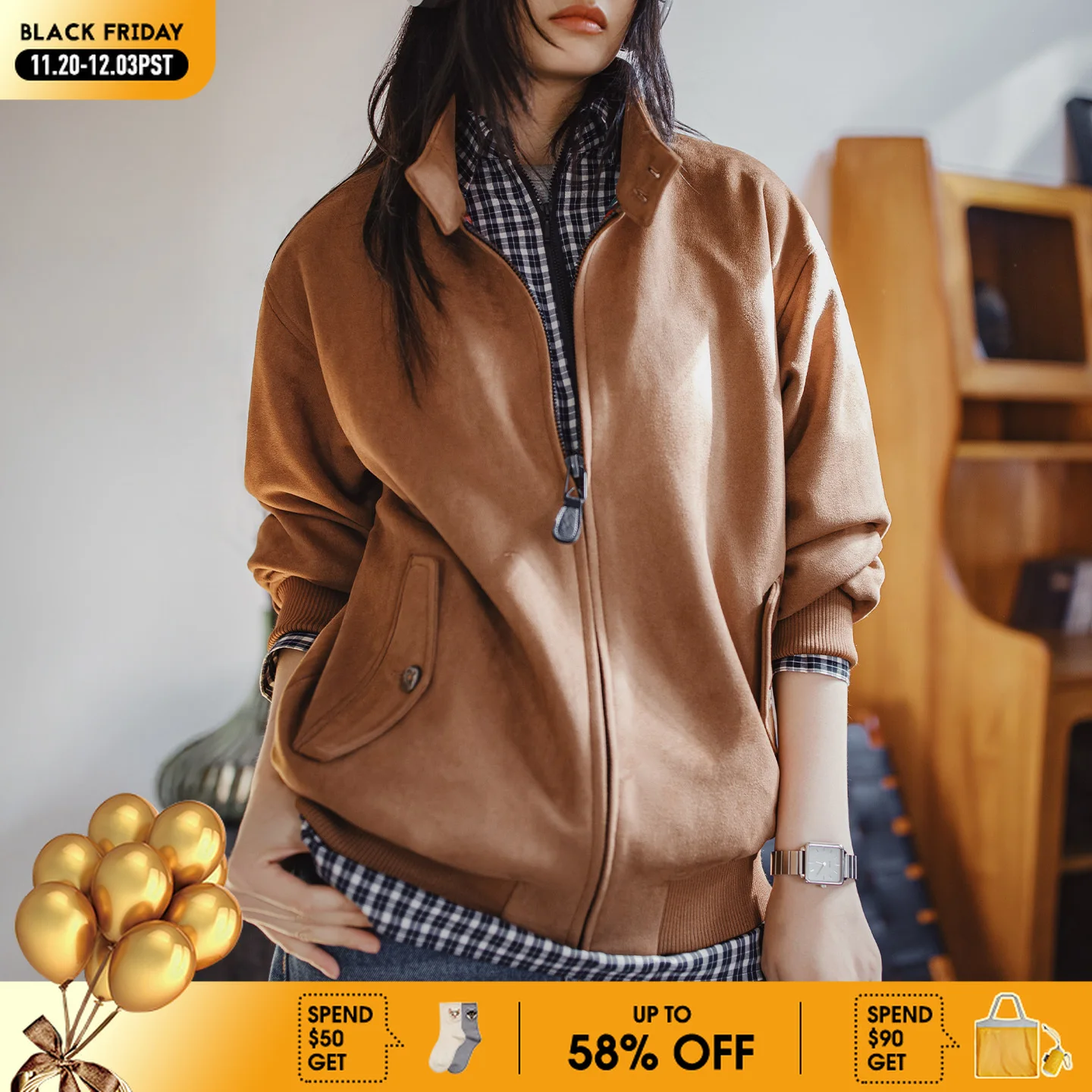 

Maden Женская винтажная замшевая куртка G9 с молнией, стоячим воротником, ветронепроницаемая, свободного кроя, тёплая, для осени и зимы, уличный стиль