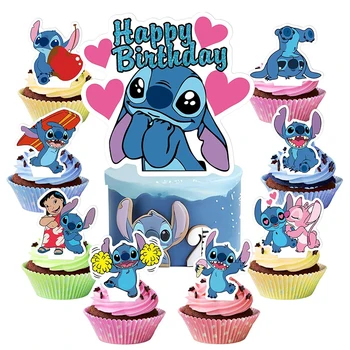 25pcs 릴로 & 스티치 블루 반짝이 케이크 토퍼 어린이 호의 파티 케이크 토퍼 컵케익 토퍼 아이 생일 장식 베이비 샤워