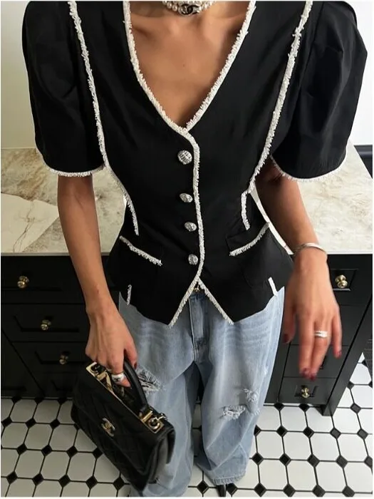Korean Style Short Sleeve Embellished Lace Trim Outerwear Spring Autumn Winter Casual Streetwear Suitable for All Ages