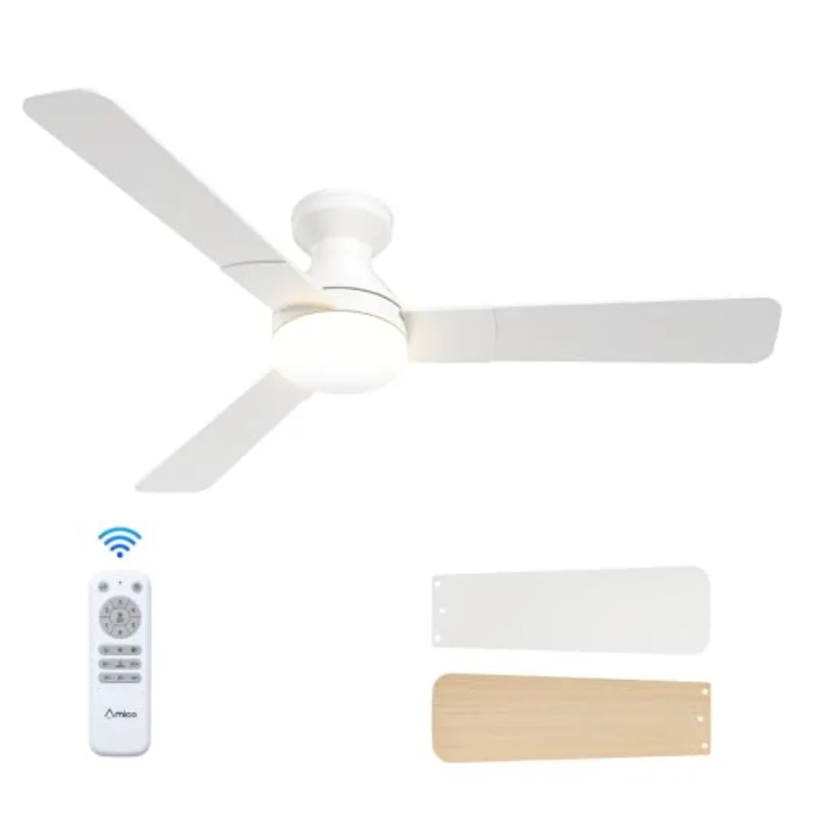 Ceiling Fans with Lights for Bedroom, Indoor/Outdoor Use: 52 inch Low Profile Flush Mount White Fan with Remote, Reversible, 3C