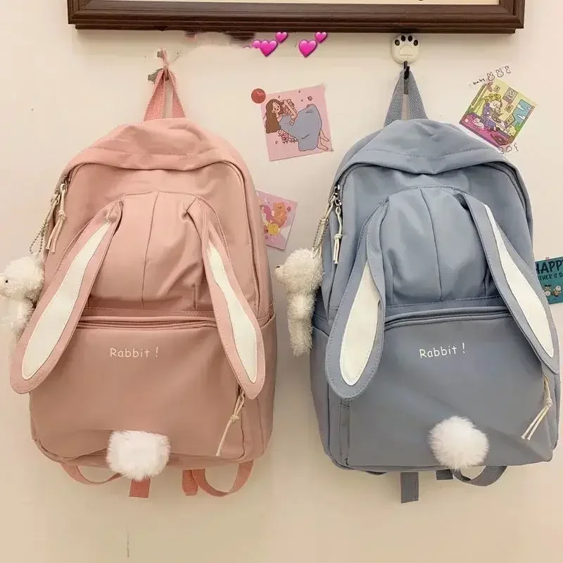 십대 소녀 학생용 귀여운 토끼 배낭 나일론 책가방, 중학교 가방
