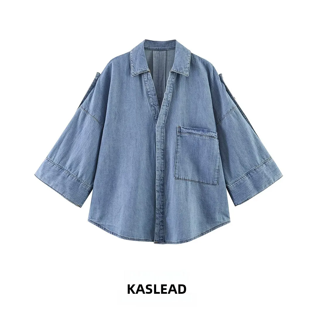 

Fashionable Wide Sleeve Denim Shirt Women's Clothing Versatile Style KASLEAD New Arrival Polyester Fiber Long Sleeve Shirt