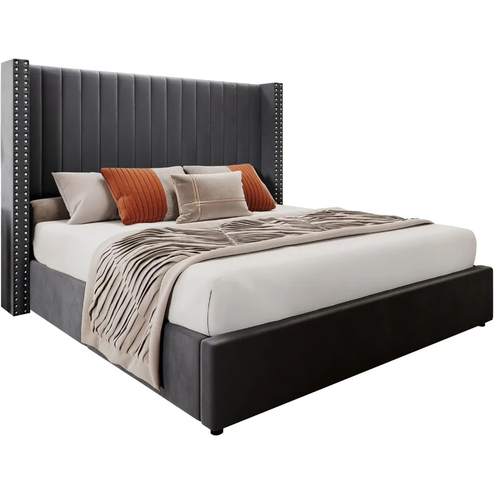 Bedframe, Queen, verhoogde opbergruimte, fluwelen platform met getuft hoofdeinde, geen veren vereist, platformbedframe