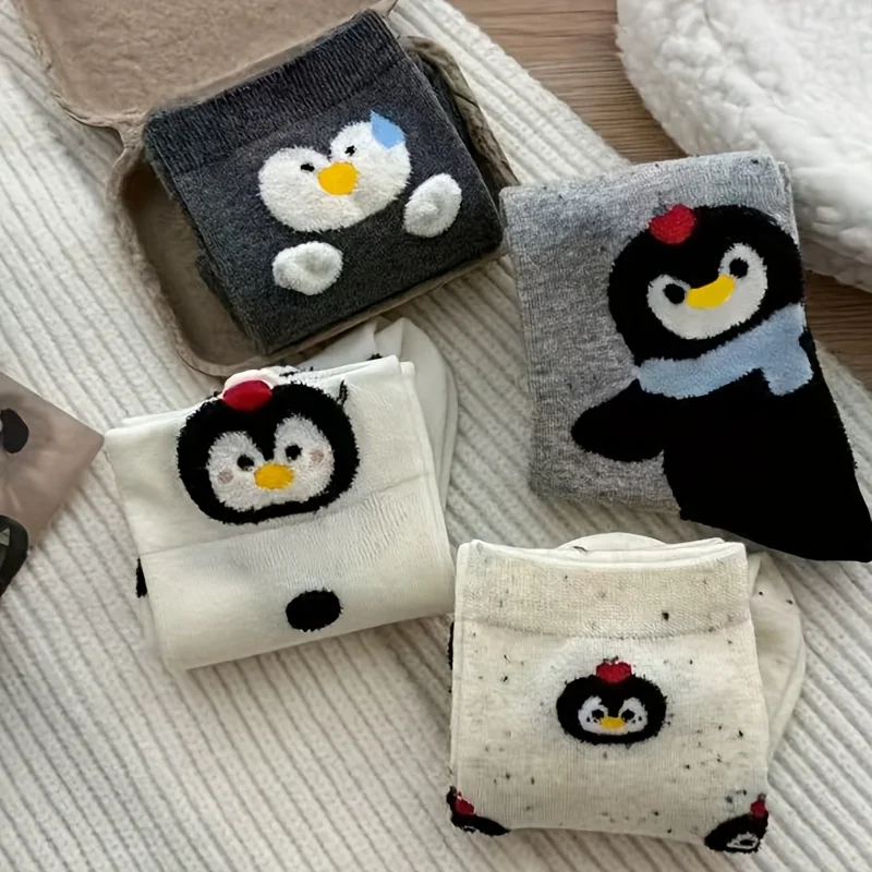 4 Paar vier Jahreszeiten Damen-Spitzengarn, japanisches süßes und niedliches Cartoon-Pinguin-Muster, vielseitige und bequeme lange Socken – Detail 3