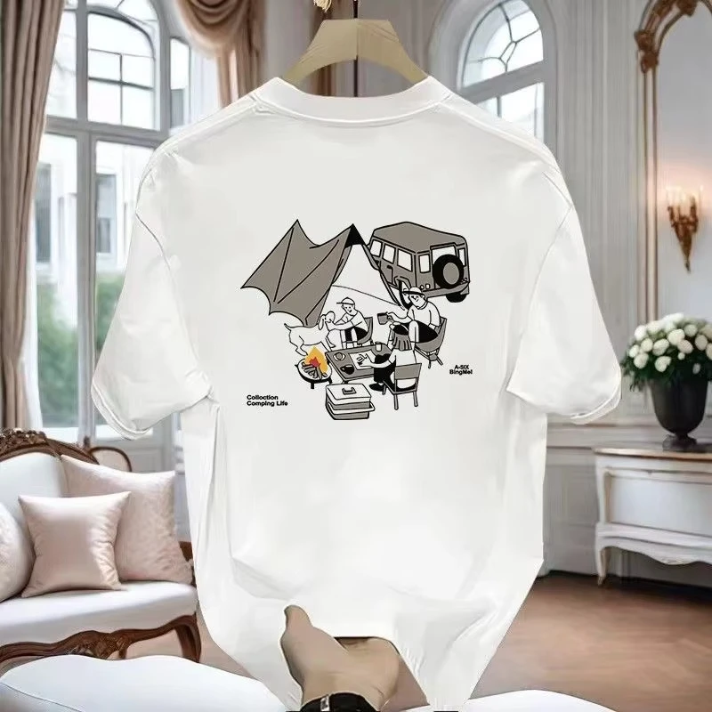 

Креативная футболка с короткими рукавами и принтом для кемпинга на открытом воздухе для мужчин и женщин, свободная повседневная футболка с круглым воротником и половиной рукава