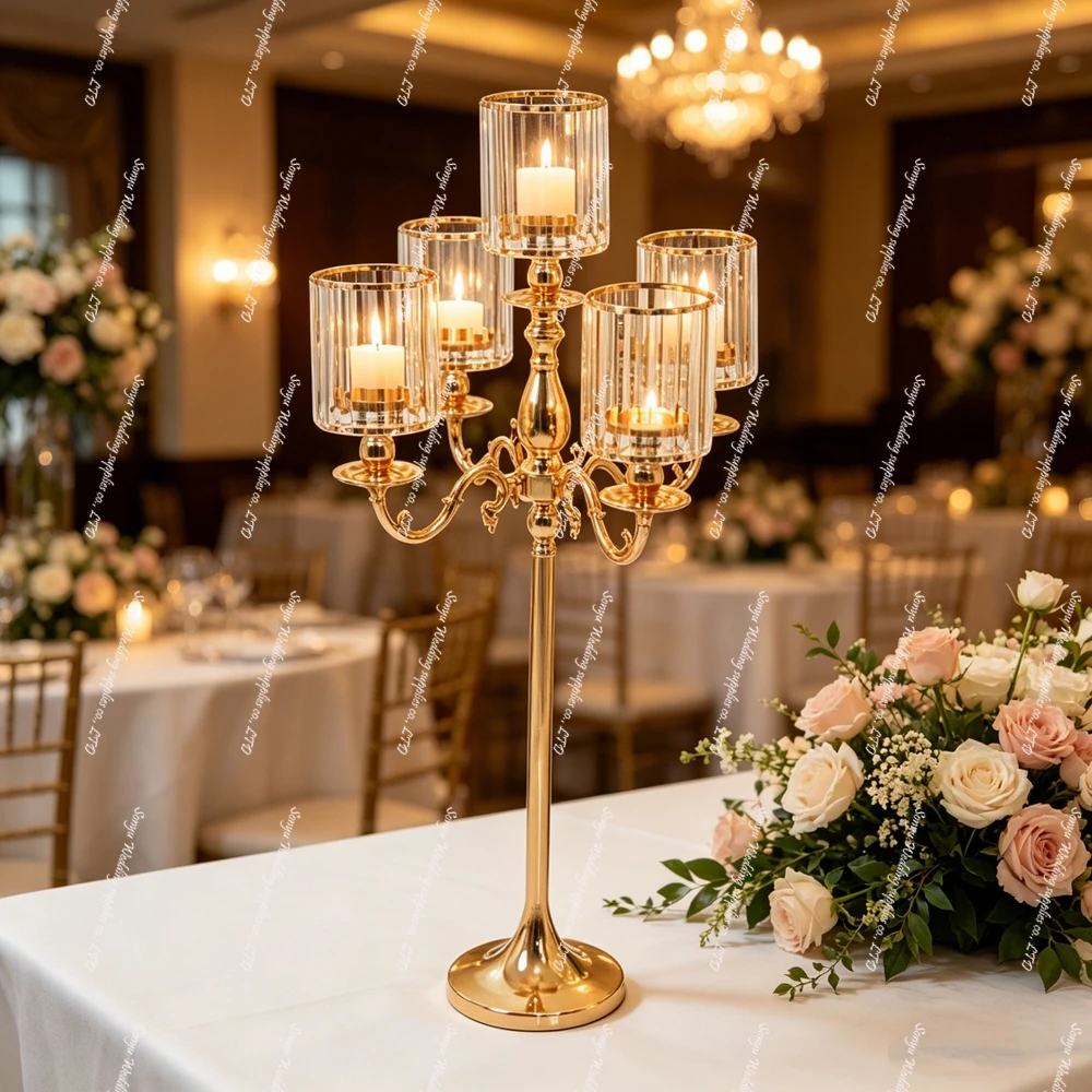 10pcs 110cm tall 5-Arm Gold and Silver Taper Candle Stand Inspired Crystal Premium Quality Stick Holder for Wedding Centerpiece
