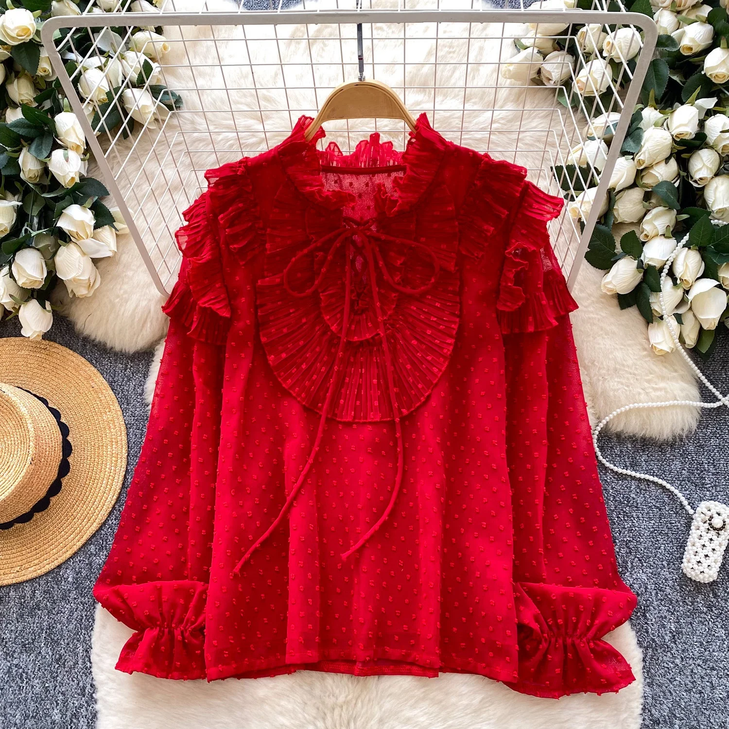 

Clothland Women Sweet Ruffled Chiffon Blouse Long Sleeve Candy Color Shirt Female Cute Fashion Tops Blusa LB409