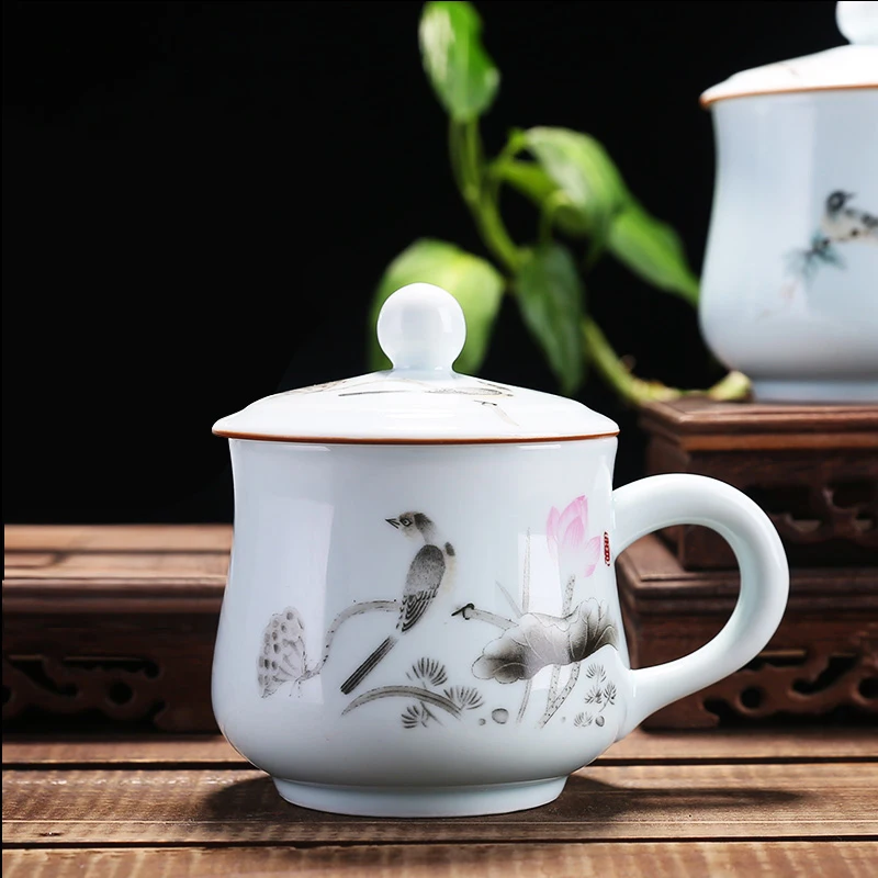 Ins Style Chic Flowers And Birds Porcelain Tea Cup With Lid Gift  Cherry Cups 300Ml Milk Ceramic Mug For Women  Light Green