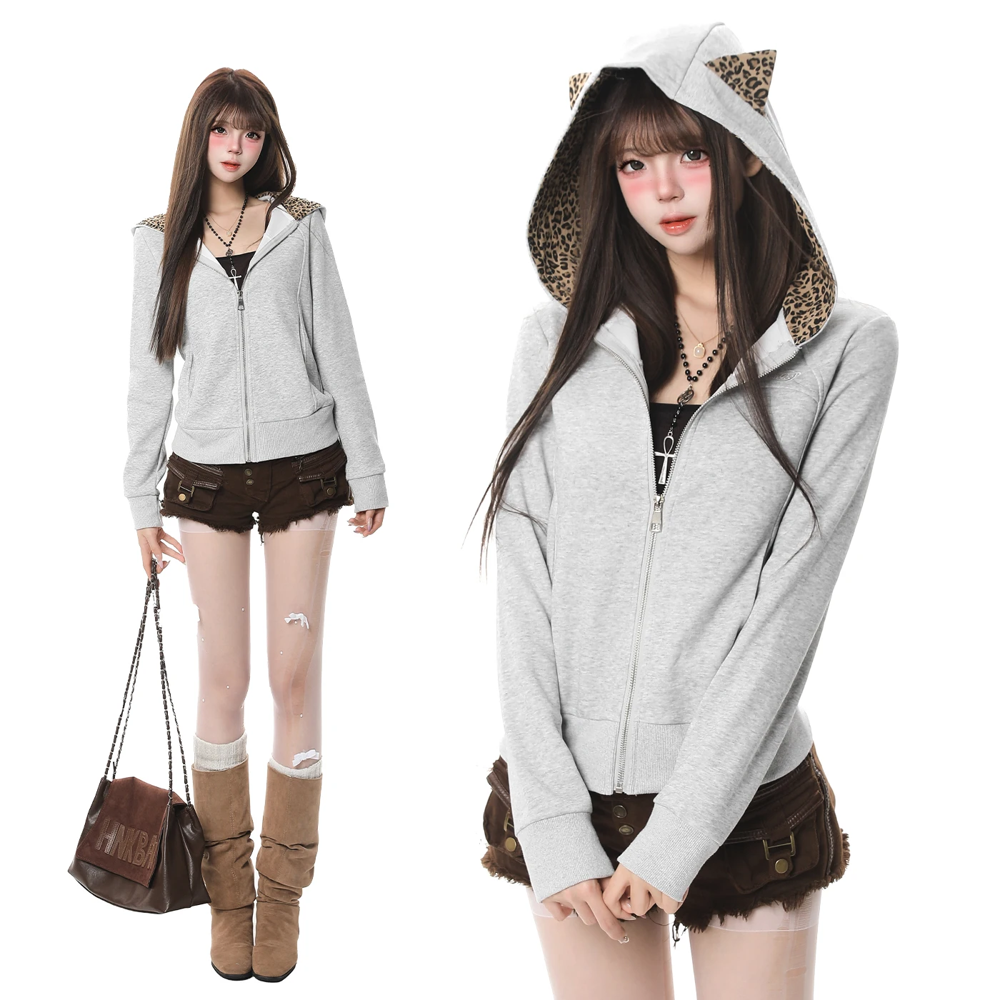 

Ретро-кардиган с леопардовым принтом в американском стиле, женская укороченная куртка на молнии с эффектом утяжки талии, приталенная, с эффектом похудения