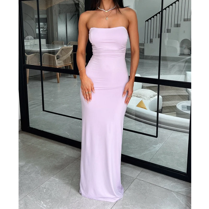 Women's Long Tube Top Dress Slim Ruched Off Shoulder Sleeveless Back Cross Tie-Up Bodycon Dress for Wedding Party Club