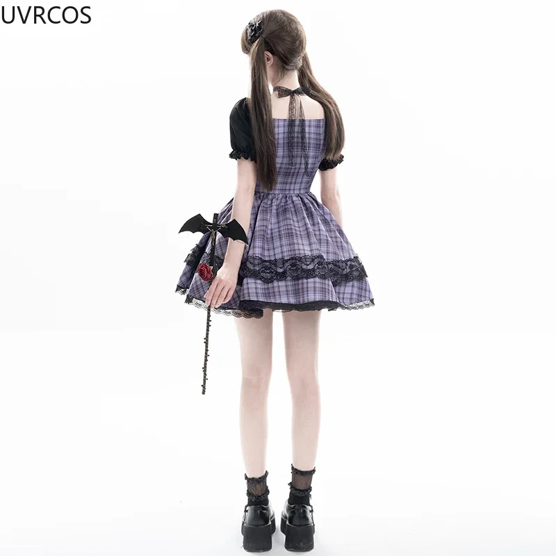 Japanese Gothic Y2k Plaid Lolita Dress Women Sweet Bow Lace Patchwork Slim Bandage Dresses Kawaii Puff Short Sleeve Mini Dresses