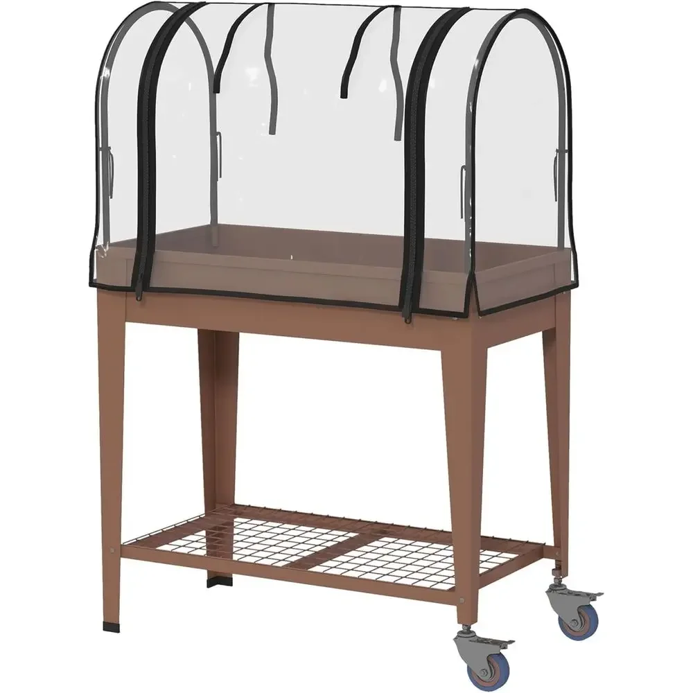Large Metal Elevated Garden Bed with Greenhouse Cover, Lockable Wheels, Storage Shelf, Drainage for Outdoor Vegetables, Flowers,