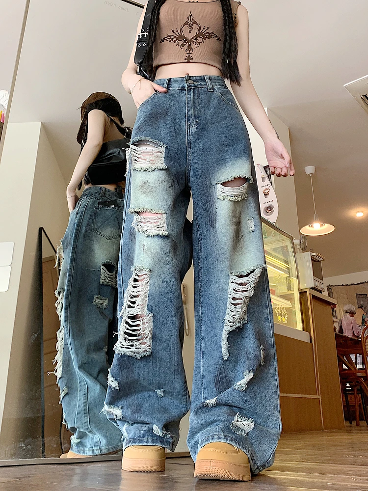 

Retro Tie-Dye Distred Denim Jeans Men Women Summer Loose Wide Leg Straight Cut Torn Jeans American Sle Casual Faion