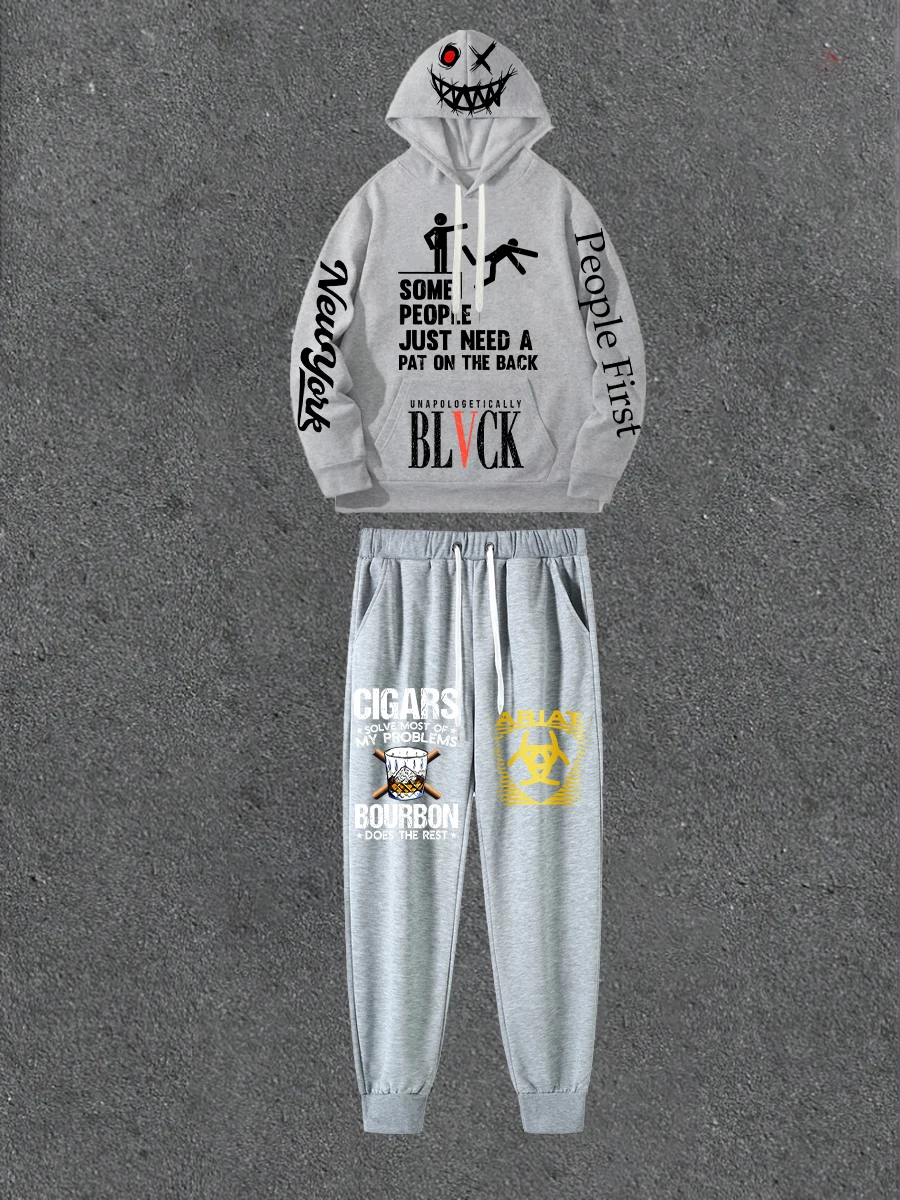 

Gray Double-sided Printed Hoodie Paired With Printed Casual Pants Loose Hoodie Street Style Outfit With Casual Pants