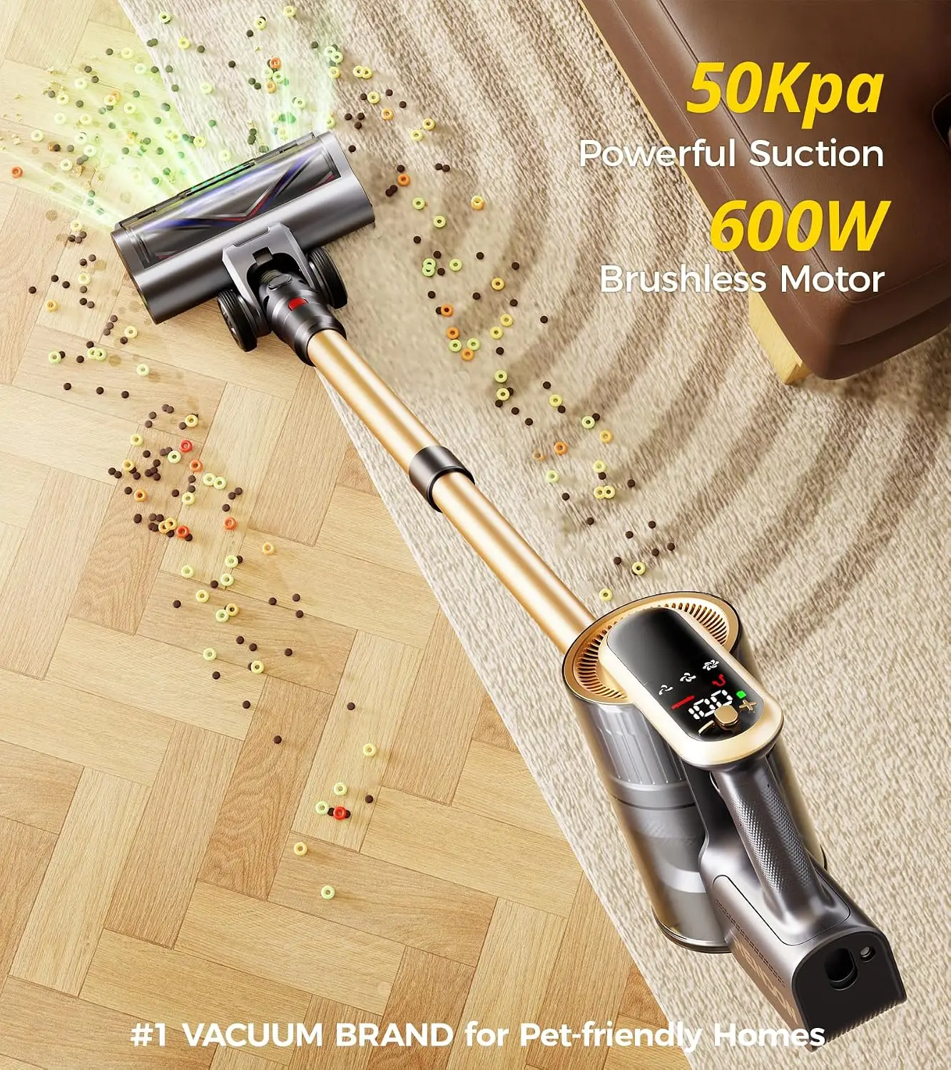 Cordless Vacuum Cleaner 600W 50Kpa Home Vacuums 65Mins Stick Vacuum LED Display Self Standing Anti Tangle Rechargeable Wireless