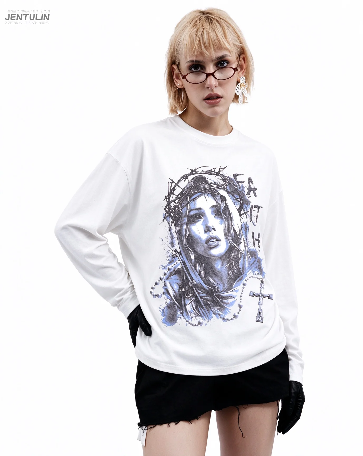 Unisex Faith Figure Graphic Man And Woman Long Sleeve T Shirt Y2K Grunge Punk Oversized Loose Dark Aesthetic Streetwear Tee
