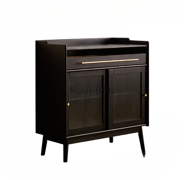 Solid Wood Household Sideboard Cabinet Living Room Tea Cabinet Wine Cabinet Sliding Door Storage  Narrow Black