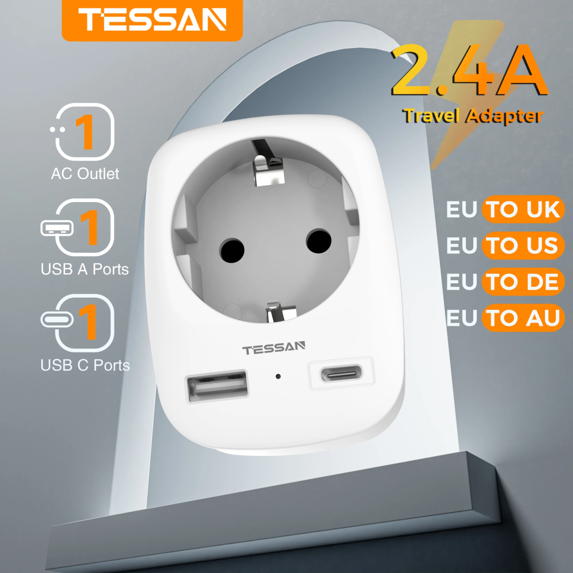 Image of TESSAN EU zu US UK DE AU BR Reiseadapter Tragbare Wandsteckdose mit 1 AC-Anschluss 2 USB-Ports Typ G A I F Stecker Reiseadapter