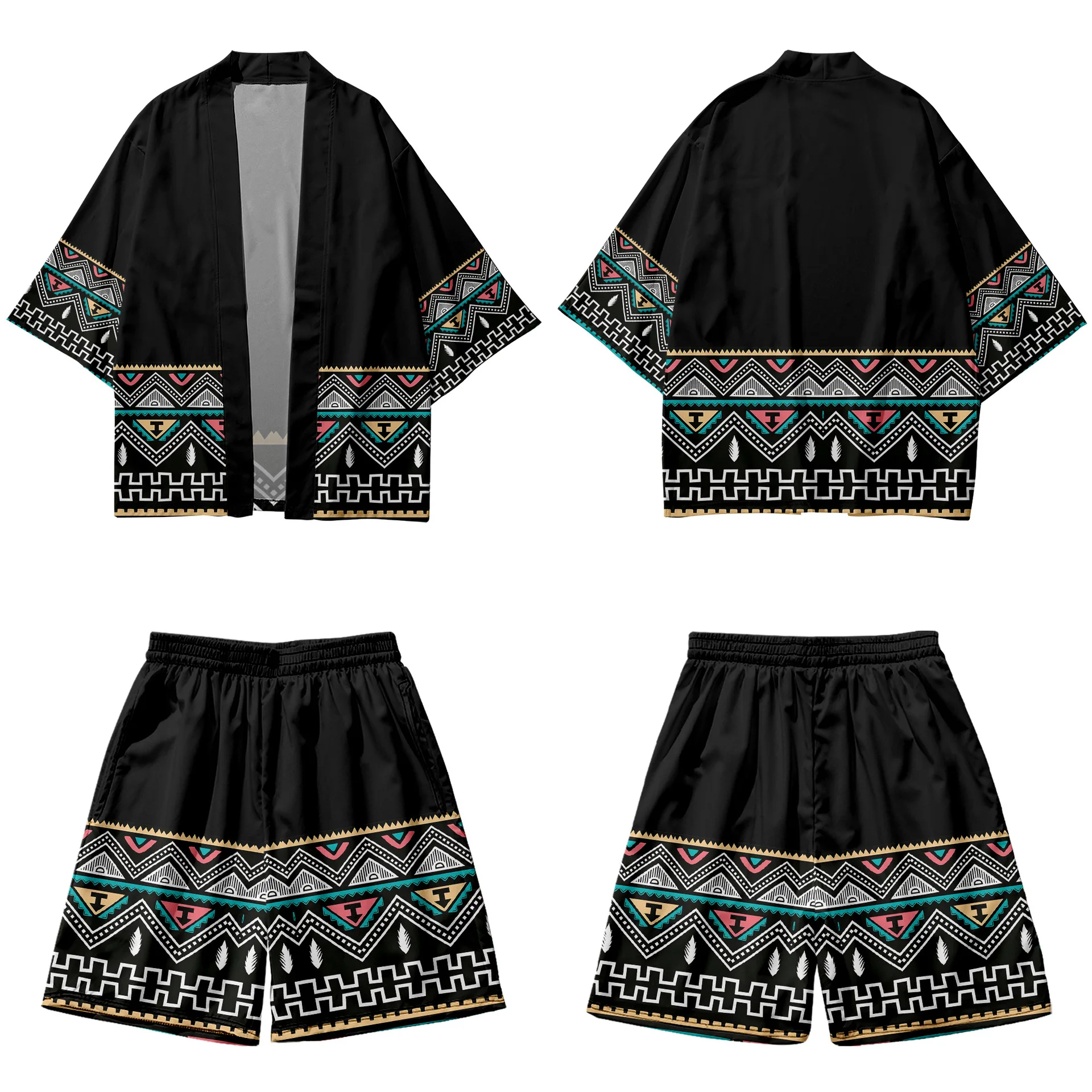 

Splicing Printed Black Couple Women Men Japanese Kimono Casual Loose Cardigan And Beach Shorts Set Asian Clothes Harajuku