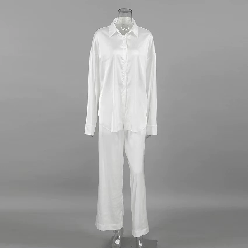 

New Arrival Satin Long Sve irt And Pants Set Home Clothes Loose Fit Youth Outerwear Autumn Season Pure Color Button Front