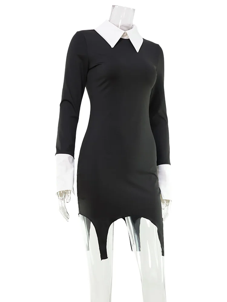 CNYISHE Turn-down Collar Solid Patchwork Long Sleeve Women Dresses Hip Wrap Fashion Sheath Outfits Female Sexy Club Bodycon Robe