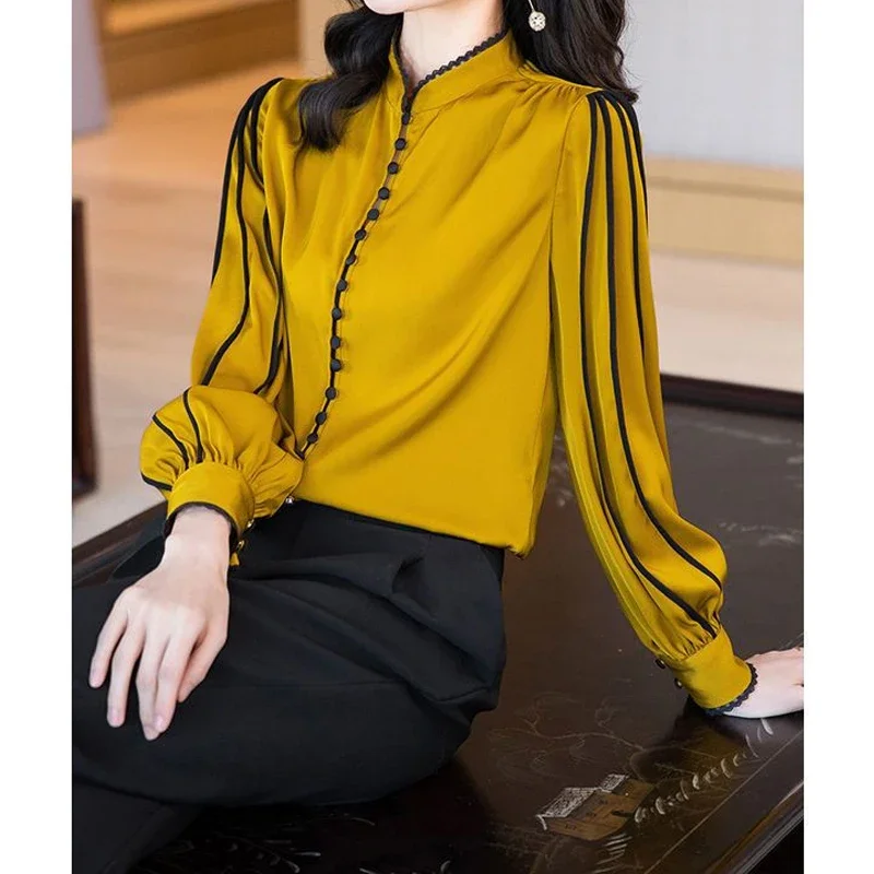 Temperament Contrast Patchwork Shirt Tops Long Sleeve All-match Elegant Blouse Vintage Fashion Women Clothing Spring Autumn New