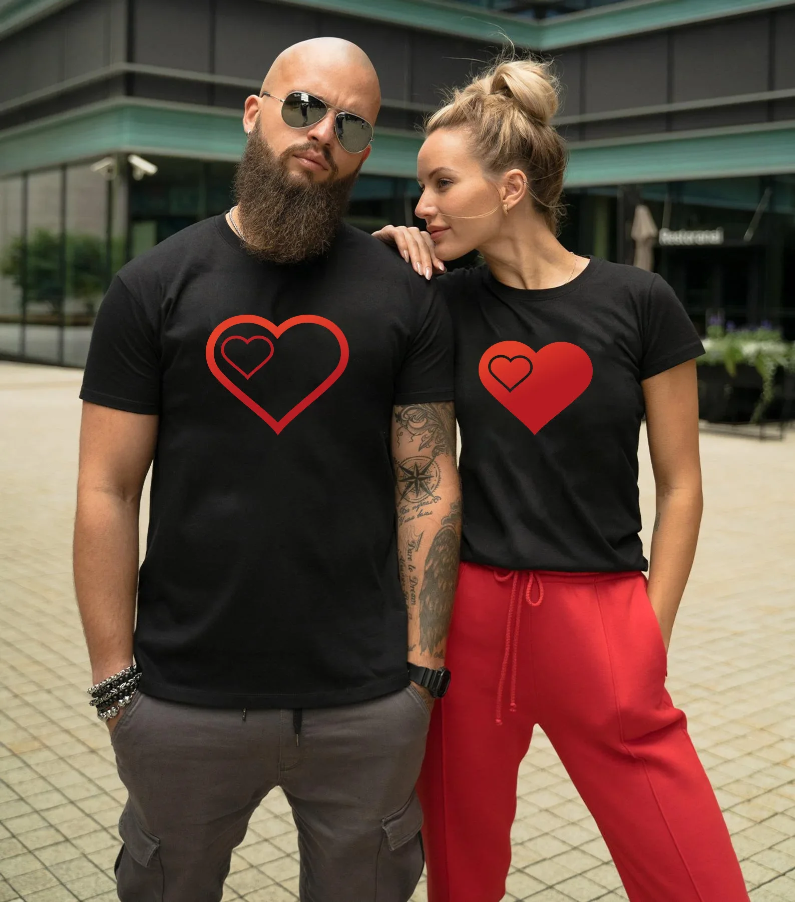 Big Little Red Heart Print Couple T Shirt Short Sleeve O Neck Loose King Queen Tshirt Lovers Tee Shirt Tops Women Clothes