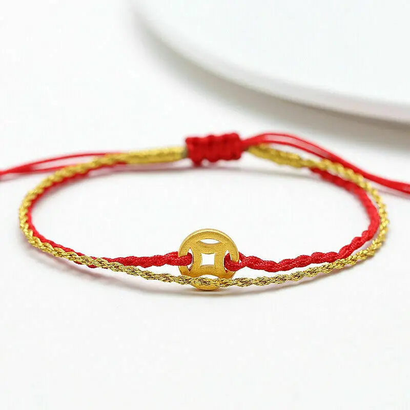 

Pure Gold Bracelet For Women 24K Yellow Gold Coin Gold String and Red String Bracelet Jewelry Best Gift