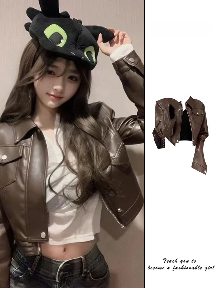 Jaqueta Curta Fena Marrom de Couro PU Estilo Motocicta Moda Retrô Primavera Outono Casaco Slim Fit Manga Longa com Zíper