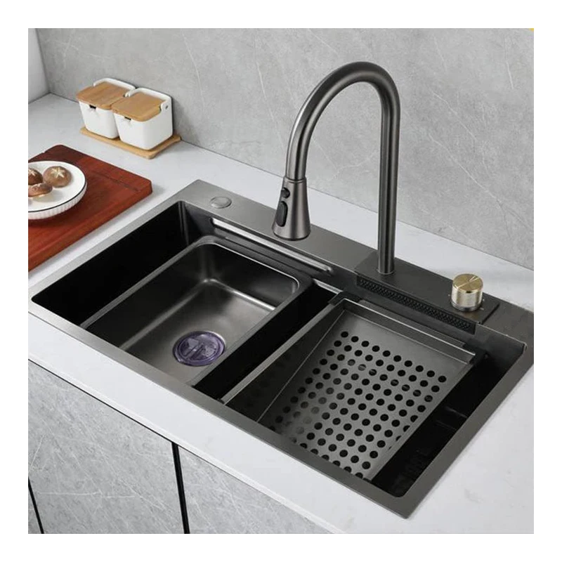 

Stainless steel double bowl waterfall kitchen sink with faucet rectangular design installed above counter